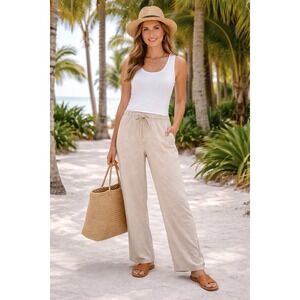 Womens Linen Blend Pants L Beige Drawstring Pockets Beach Resort  Havanera Co